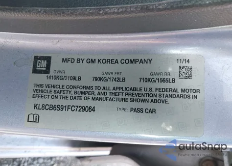 2015 Chevrolet Spark Ls Cvt z USA, uszkodzony, nr VIN KL8CB6S91FC729064